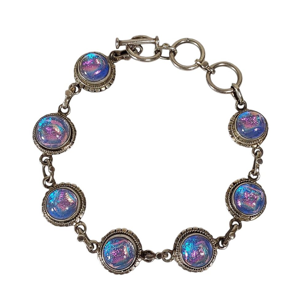 Artisan 7" Toggle Bracelet Dichroic Glass 925 Sterling Silver Purple Iridescent